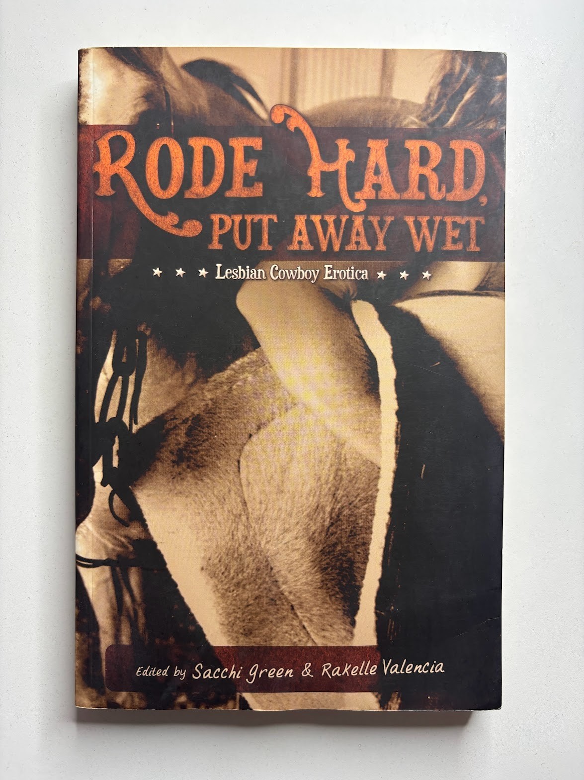 3 LGBTQIA+ books: lesbian erotic fiction (1990s-2000s), cowboy, biker
