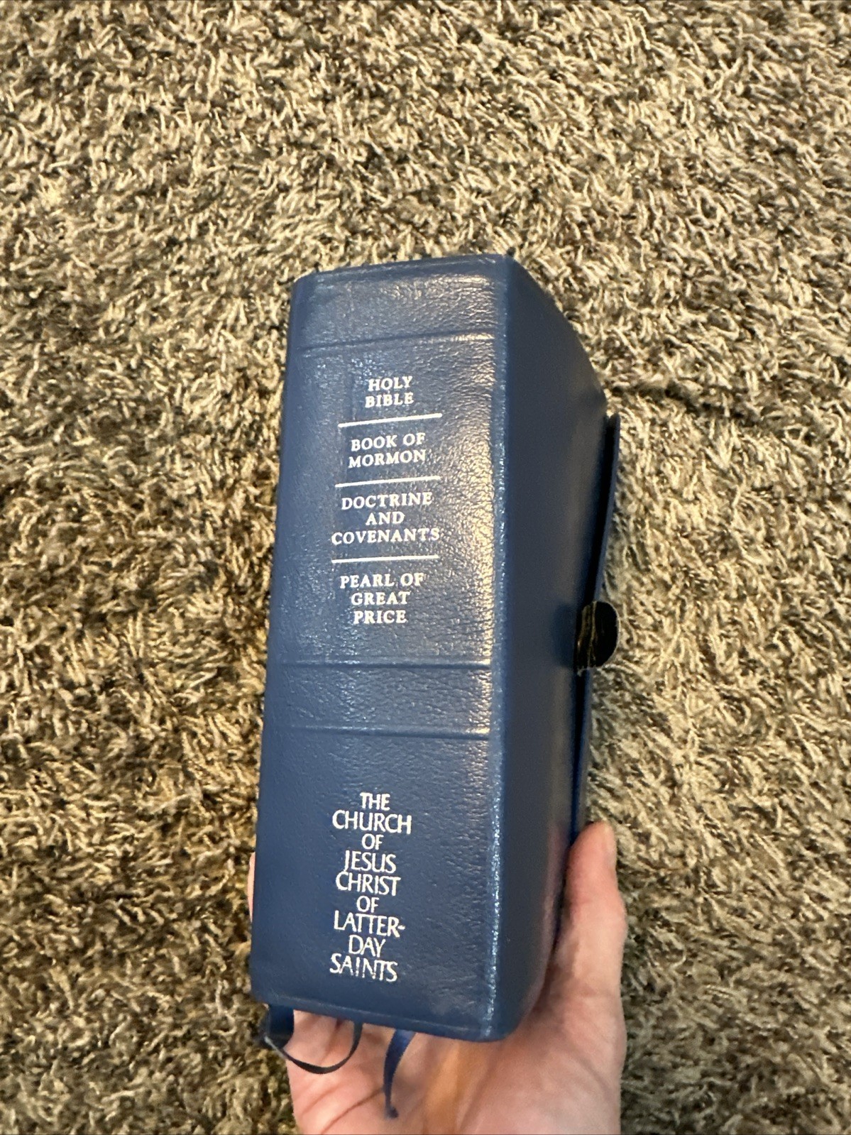 1993 LDS Quad Scriptures Blue Calfskin Weather 7-1/2 X 5-1/2” Indexed Snap Cover