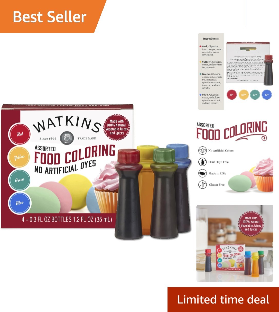 Natural Gluten-Free Food Coloring Set – Red, Yellow, Green, Blue, 3 fl oz Total