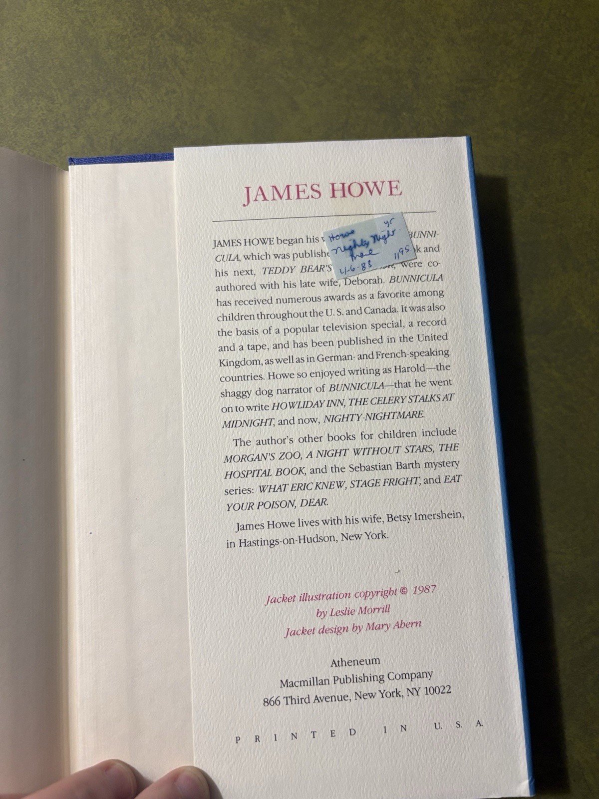 NIGHTY-NIGHTMARE by James Howe, 1st Edition, 1st Printing, 1987 HB/DJ